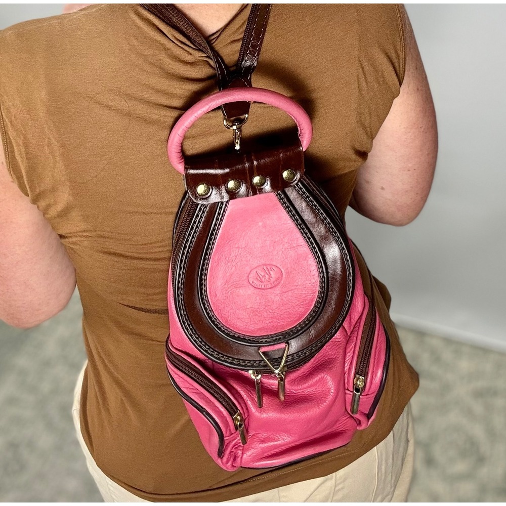Made in Italy Pink Brown Leather Sling Backpack Convertible Zipper Strap Bag